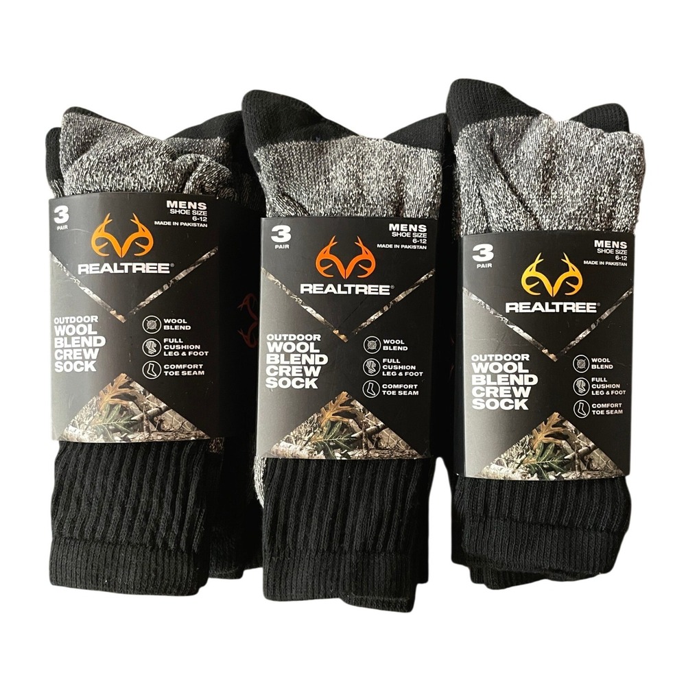 Realtree Crew Socks Outdoor Wool Blend Mens 6-12 Black Hunting Hiking Lot of 3